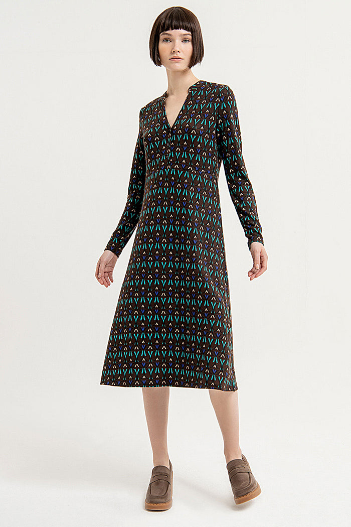 Robe midi imprimée marron à col mao